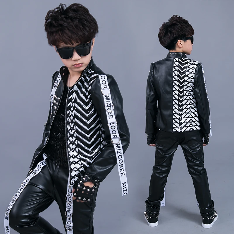 Куртка и брюки из искусственной кожи с блестками в корейском стиле, комплект детской одежды для выступлений, модель барабана для мальчиков, уличная одежда для прогулок